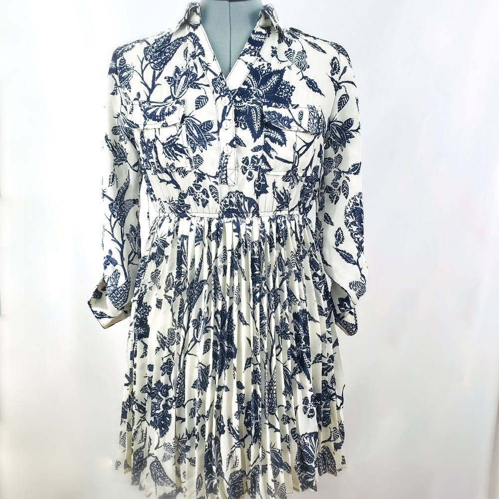Gabriella Rocha Navy Ivory Floral Pleated Dress LG